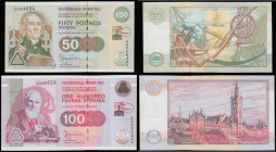 Scotland Clydesdale Bank 5th January 2001 issues (2) 100 Pounds and 50 Pounds Pick 229C and 229D AU-UNC