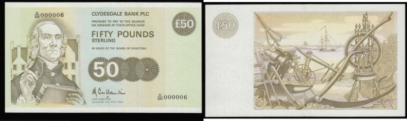 Scotland Clydesdale Bank PLC 50 Pounds 20th April 1992 Pick 222 S/N D/AN 000006 ...