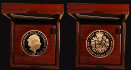 Five Pound Crown 2021 Queen Elizabeth II 95th Birthday Gold Proof, Obverse: Jody Clark portrait of the Queen, facing right, Reverse: by Timothy Noad, ...