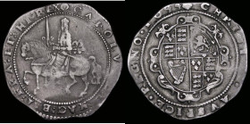 Crown Charles I Exeter Mint, King on horseback, Sash in large bow, 1644 to left of mintmark Reverse: Round garnished shield S.3058, Mintmark Rose, 27....