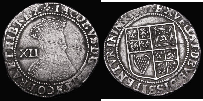 Shilling James I First Coinage, Second Bust, beard appears to merge with collar,...