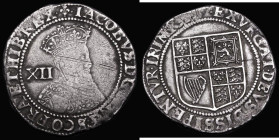 Shilling James I First Coinage, Second Bust, beard appears to merge with collar, S.2646, mintmark Lis. 5.84 grammes, Obverse with portrait VG with som...