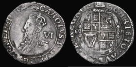 Sixpence Charles I Group D, Fourth Bust, type 3, with falling lace collar, Reverse Oval Garnished shield with CR at sides, S.2811, mintmark Portcullis...