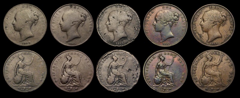 Pennies (5) 1843 REG No Colon, Peck 1485 VG, 1845 Peck 1485 VG, 1849 Peck 1497, ...