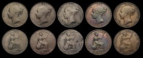 Pennies (5) 1843 REG No Colon, Peck 1485 VG, 1845 Peck 1485 VG, 1849 Peck 1497, NVG with edge knocks and long scratches, 1851 DEF Close Colon Peck 149...