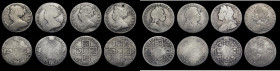 Shillings (8) 1708E Fair, 1708E* Fair, 1709 Third Bust VG, 1713 Roses and Plumes VG holed, 1723 SSC Second Bust, Fair, rare, George I Roses and Plumes...