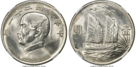 Republic Sun Yat-sen "Birds Over Junk" Dollar Year 21 (1932) MS62 NGC, Shanghai mint, KM-Y344, L&M-108, WS-0144. A scintillating representative of thi...
