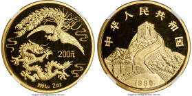 People's Republic gold Proof "Dragon & Phoenix" 200 Yuan (2 oz) 1990 PR69 Ultra Cameo NGC, Shenyang mint, KM320, Cheng-pg. 88, 2, CC-288B. Mintage: 2,...