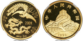 People's Republic gold Proof "Dragon & Phoenix" 200 Yuan (2 oz) 1990 PR67 Ultra Cameo NGC, Shenyang mint, KM320, Cheng-pg. 88, 2, CC-288B. Mintage: 2,...