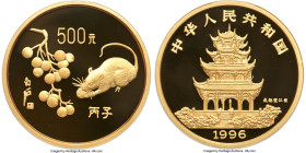People's Republic gold Proof "Year of the Rat" 500 Yuan (5 oz) 1996 PR69 Ultra Cameo NGC, Shenyang mint, KM922, CC-833. Mintage: 102. Serial #01 on ed...