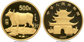 People's Republic gold Proof "Year of the Ox" 500 Yuan (5 oz) 1997 PR69 Ultra Cameo NGC, Shenyang mint, KM1007, CC-928. Mintage: 103. Lunar series. Se...