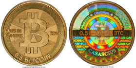 Casascius brass Loaded (Unredeemed) 0.5 Bitcoin (BTC) 2013 MS65 PCGS, Ahonen-pg 100. Total Issued: 3,084. Series 2. Type PF. 25.4mm. Firstbits 12424P5...