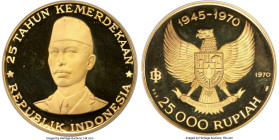 Republic gold Proof "General Sudirman" 25000 Rupiah 1970 PR64 Ultra Cameo NGC, KM32. Mintage: 970. Stamped on edge #675. Commemorating the 25th Annive...