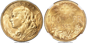 Confederation gold 100 Francs 1925-B MS62 NGC, Bern mint, KM39, Fr-502, HMZ-2-1193a. Mintage: 5,000. A crucial piece of the modern Swiss gold series, ...