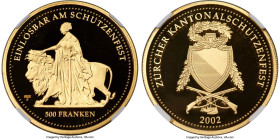 Confederation gold Proof "Zurich Shooting Festival - Una and the Lion" 500 Francs 2002 PR70 Ultra Cameo NGC, HMZ-2-1347i. Mintage: 150. A surprising s...