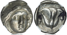 CARIAN ISLANDS. Rhodes. Ca. 316-305 BC. AR tetradrachm (22mm, 15.09 gm, 12h). NGC XF 5/5 - 4/5. Head of Helios facing, turned slightly right, hair par...