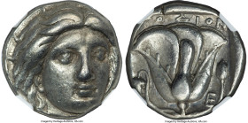 CARIAN ISLANDS. Rhodes. Ca. 316-305 BC. AR tetradrachm (22mm, 15.06 gm, 12h). NGC Choice VF 4/5 - 4/5. Head of Helios facing, turned slightly right, h...