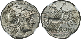 L. Minucius (ca. 133 BC). AR denarius (19mm, 3.94 gm, 12h). NGC Choice AU 5/5 - 4/5. Rome. Head of Roma right, wearing pendant earring, beaded necklac...