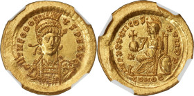 Theodosius II, Eastern Roman Empire (AD 402-450). AV solidus (21mm, 4.49 gm, 7h). NGC MS 5/5 - 4/5, light marks. Constantinople, AD 441. D N THEODOSI-...