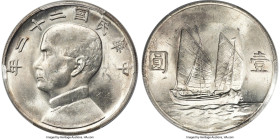 Republic Sun Yat-sen "Junk" Dollar Year 22 (1933) MS62 PCGS, KM-Y345, L&M-109A, WS-0145B. Variety with reverse of 1934. An intriguing variety offering...