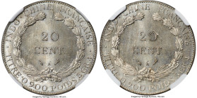 French Colony copper-nickel Reverse Mule 20 Cents ND (1885-1897) MS64 NGC, Paris mint, KM-E9, Lec-199. Mule of two reverse dies. An intriguing and rar...