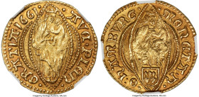 Hamburg. Free City gold Ducat 1661 MS62 NGC, KM221, Fr-1100, Gaed-107. 3.46gm. An exciting example of this "Madonna & Child" Hamburg Ducat type, prese...