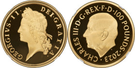 Charles III gold Proof "King George II" 100 Pounds (1 oz) 2023 PR70 Ultra Cameo NGC, Mintage: 261. British Monarchs series. One of First 100 Struck. A...