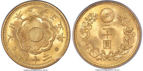 Taisho gold 20 Yen Year 5 (1916) MS65 PCGS, Osaka mint, KM-Y40.2, JNDA 1-6. A gorgeous, Gem flush with satin mint bloom and showing a light patina com...