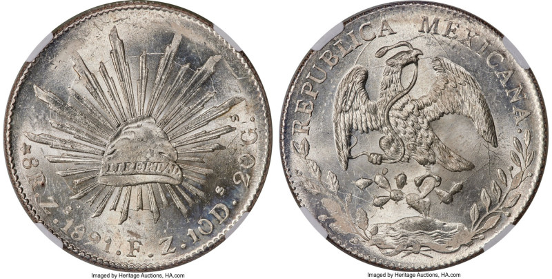 Republic 8 Reales 1891 Zs-FZ MS65 NGC, Zacatecas mint, KM377.13, DP-Zs77. A beau...