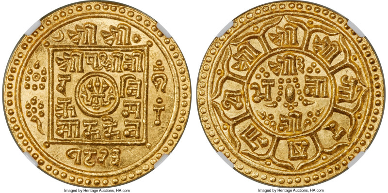 Shah Dynasty. Prithvi Bir Bikram gold Tola (Asarphi) SE 1823 (1901) MS65 NGC, KM...