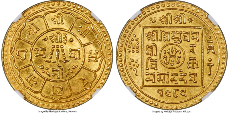Shah Dynasty. Tribhuvana Bir Bikram gold Mohar VS 1989 (1932) MS63 NGC, KM702, F...