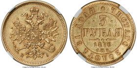 Alexander II gold 3 Roubles 1870 CПБ-HI AU Details (Cleaned) NGC, St. Petersburg mint, KM-Y26, Bit-32 (R). Coveted denomination, seen here in an attai...