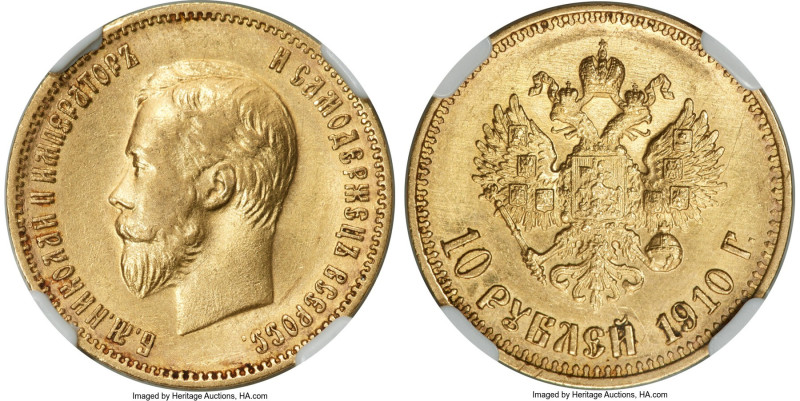 Nicholas II gold 10 Roubles 1910-ЭБ AU58 NGC, St. Petersburg mint, KM-Y64, Bit-1...