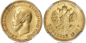 Nicholas II gold 10 Roubles 1910-ЭБ AU58 NGC, St. Petersburg mint, KM-Y64, Bit-15 (R). Better date, warmed by apricot patination and eager glow. HID09...