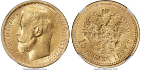 Nicholas II gold "Wide Rim" 15 Roubles 1897-AΓ AU58 NGC, St. Petersburg mint, KM-Y65.1, Fr-177, Bit-1. Popular one-year type, difficult to source in M...