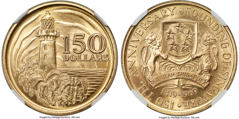 Republic gold "Founding of Singapore - 150th Anniversary" 150 Dollars 1969 MS66 ...