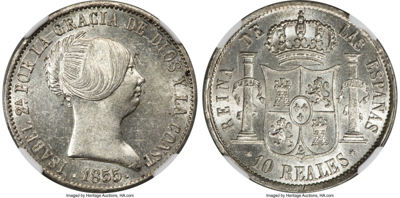 Isabel II 10 Reales 1855 MS62 NGC, Seville mint, KM595.3. Seven-point star mintm...