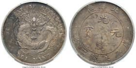 Chihli. Kuang-hsü Dollar Year 34 (1908) XF Details (Environmental Damage) PCGS, Pei Yang Arsenal mint, KM-Y73.2, L&M-465. Long central spine on tail, ...