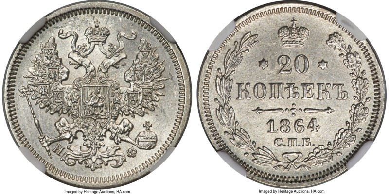 Alexander II 20 Kopecks 1864 CПБ-HФ MS63 NGC, KM-Y22.2. HID09801242017 © 2024 He...