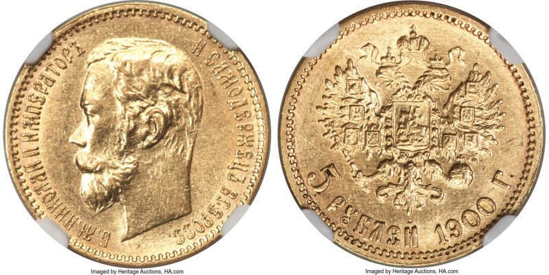 Nicholas II gold 5 Roubles 1900-ФЗ MS62 NGC, St. Petersburg mint, KM-Y62. HID098...