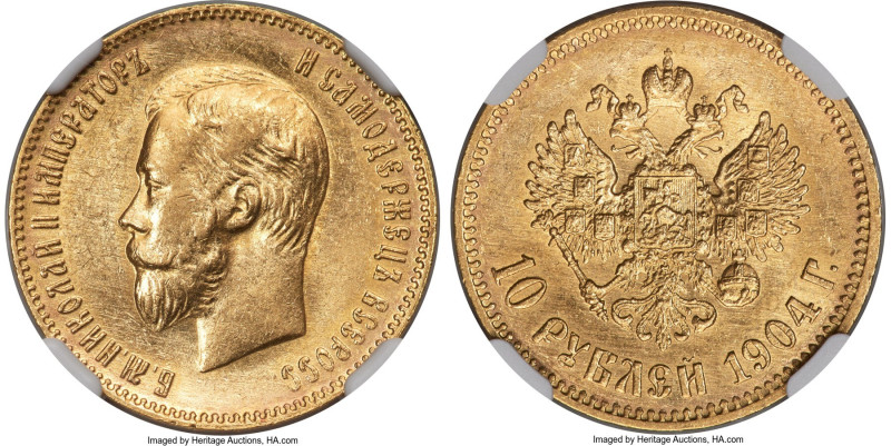 Nicholas II gold 10 Roubles 1904-AP MS62 NGC, St. Petersburg mint, KM-Y64. HID09...