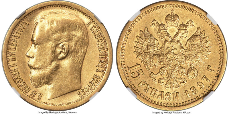 Nicholas II gold "Wide Rim" 15 Roubles 1897-AT AU55 NGC, St. Petersburg mint, KM...