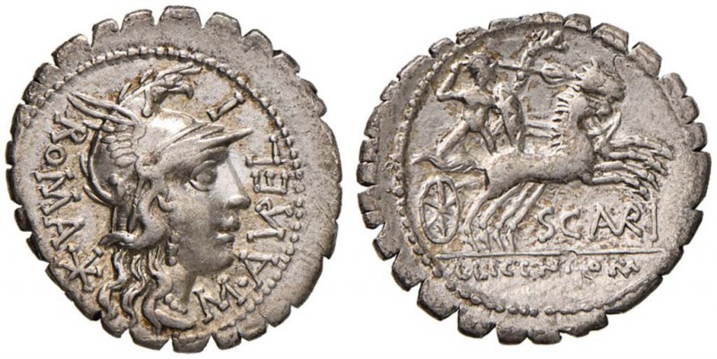 Aurelia - M. Aurelius Scaurus - Denario (118 a.C.) Testa di Roma a d. - R/ Bitui...