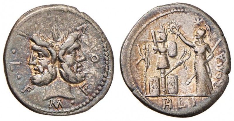 Furia - M. Furius L. f. Philus - Denario (119 a.C.) Testa di Giano - R/ Roma sta...