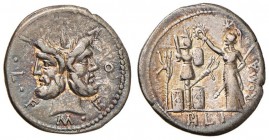 Furia - M. Furius L. f. Philus - Denario (119 a.C.) Testa di Giano - R/ Roma stante a s. incorona un trofeo - B. 18; Cr. 281/1 AG (g 3,92) Bella patin...