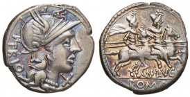 Lucretia - Cn. Lucretius Trio - Denario (136 a.C.) Testa di Roma a d. - R/ I Dioscuri a d. - B. 1; Cr. 237/1 AG (g 3,83) Patina iridescente

SPL