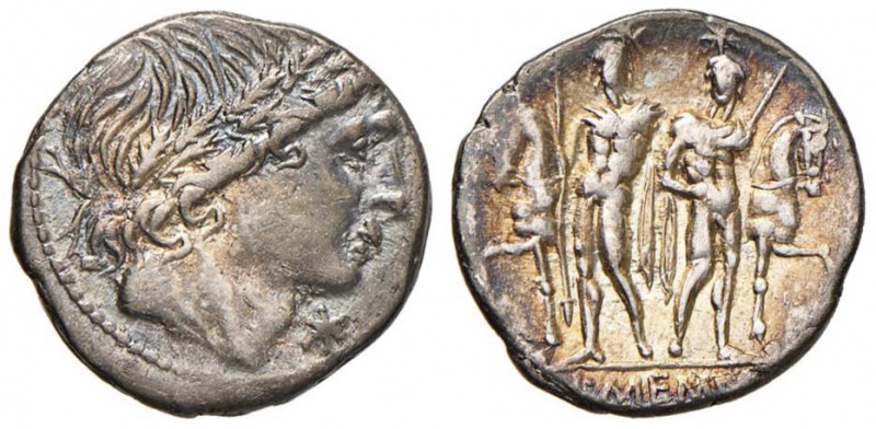 Memmia - L. Memmius - Denario (109-108 a.C.) Testa di Apollo a d. - R/ I Dioscur...