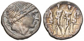 Memmia - L. Memmius - Denario (109-108 a.C.) Testa di Apollo a d. - R/ I Dioscuri stanti - B. 1; Cr. 304/1 AG (g 3,91) Bella patina iridescente

SPL