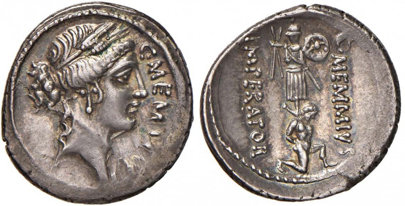 Memmia - Caius Memmius - Denario (56 a.C.) Testa di Cerere a d. - R/ Trofeo con ...