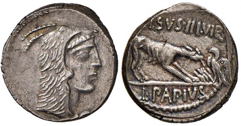 Papia - L. Papius Celsus - Denario (45 a.C.) Testa di Giunone Sospita a d. - R/ ...